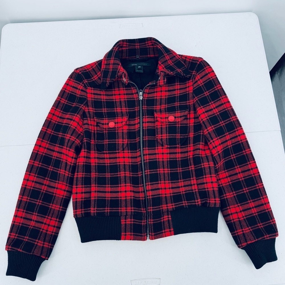 Marc By Marc Jacobs Red and Black Plaid Bomber Jacket